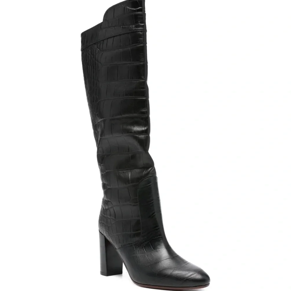 Chie Mihara leather Black Croc-Embossed Knee high Block Heel Boots